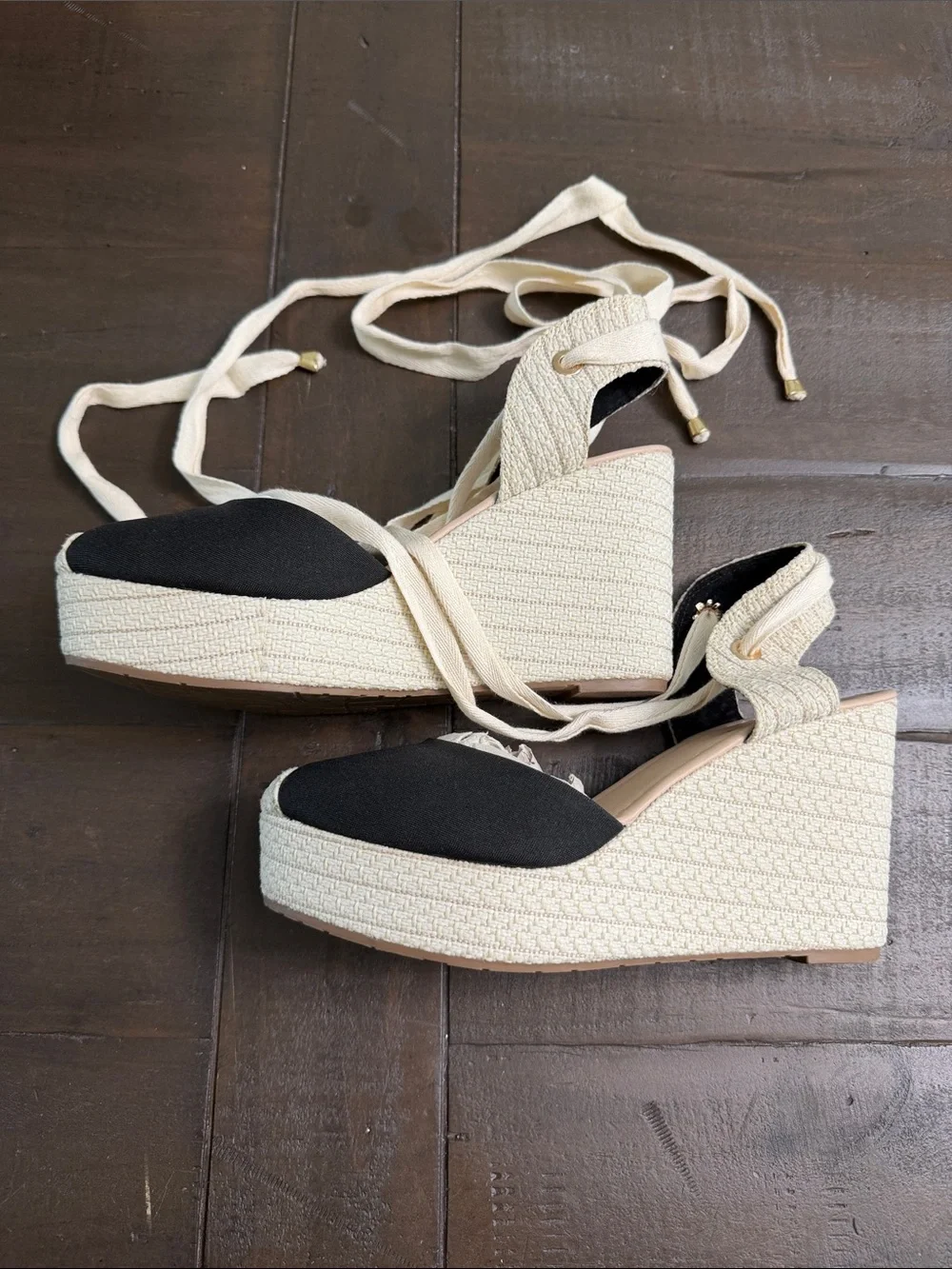 Black and Cream Tie Ankle Espadrille Flats - Women's Shoes